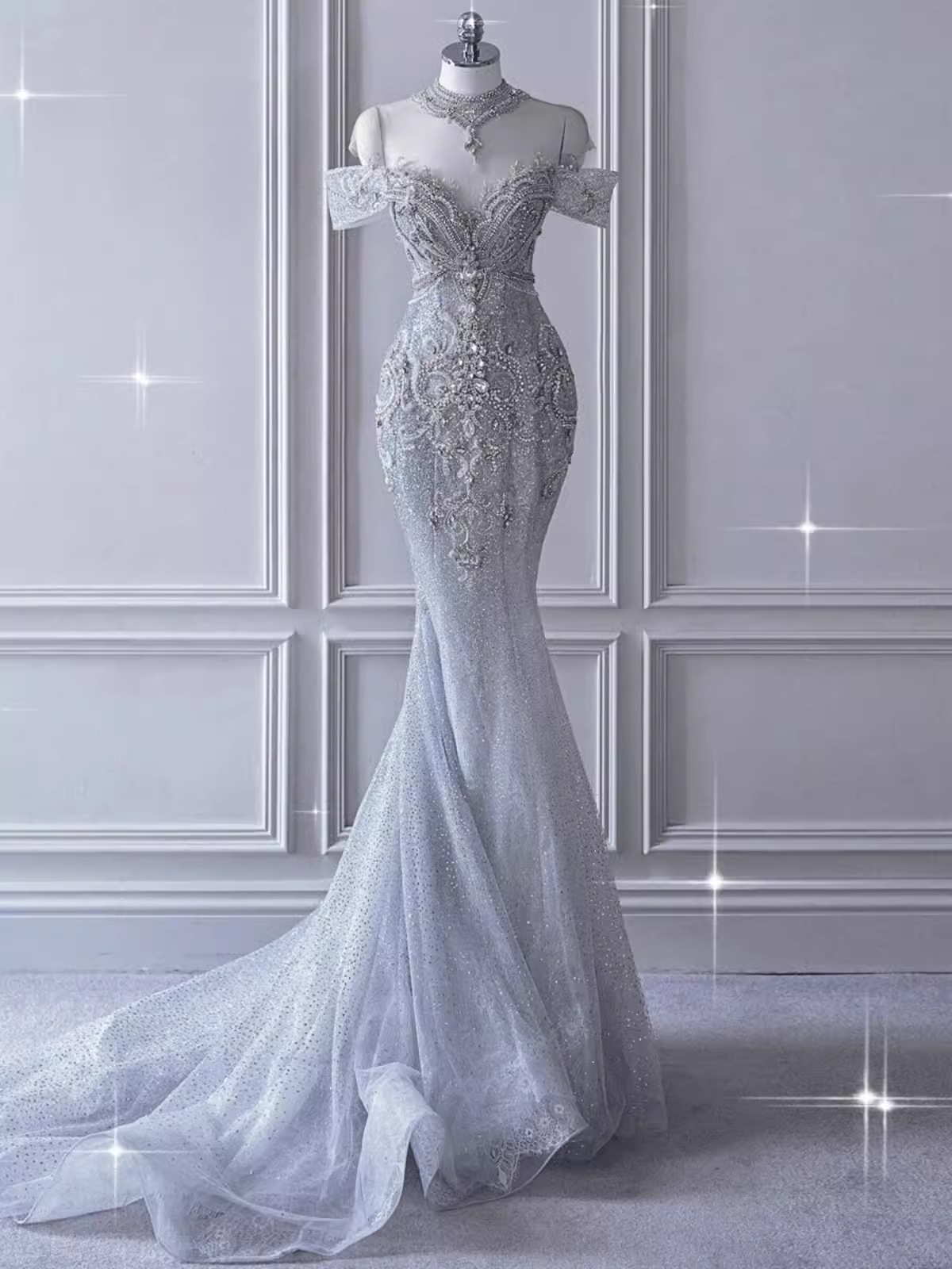 Fairytale Mermaid Off The Shoulder Long Sequin Beads Wedding Dresses