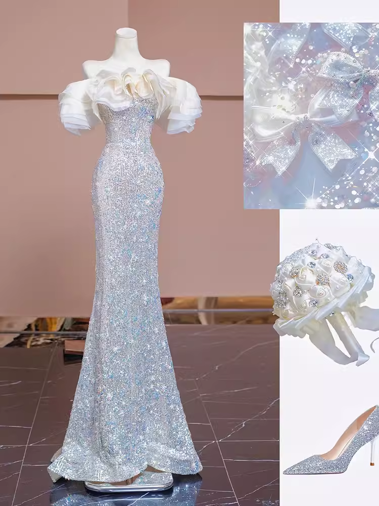 Modest Mermaid Off-the-Shoulder Sequin Long Evening Dress Beads Prom Dress - FashionDia