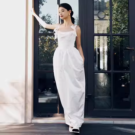 Vintage A Line Straps White Satin Wedding Dresses C134