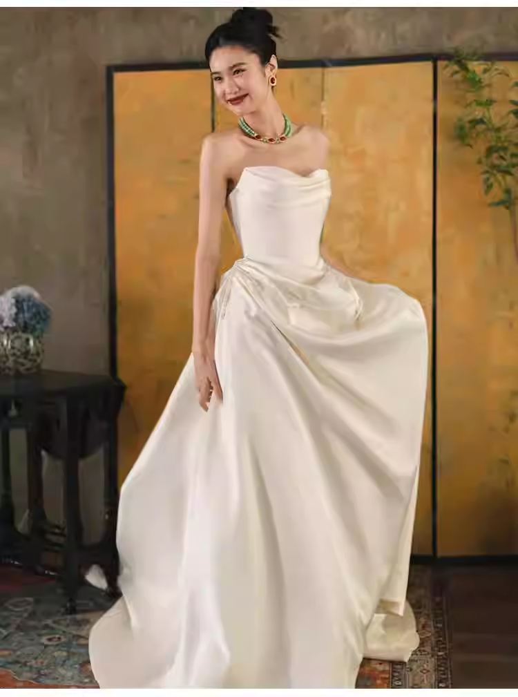 Simple A Line Off The Shoulder Satin Wedding Dresses C139