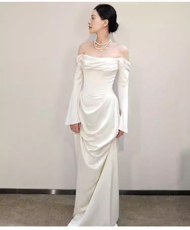 Simple Mermaid Off The Shoulder Long Sleeves White Satin Wedding Dresses