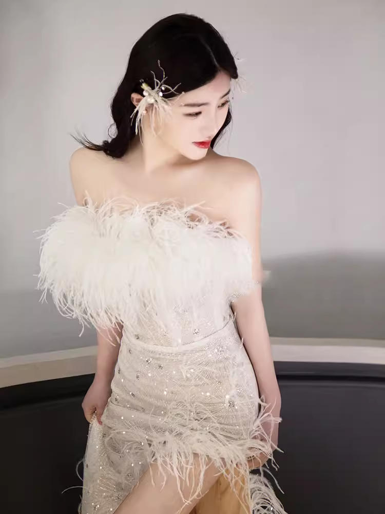 Fairytale Mermaid Strapless Sequin Beads Long Evening Dress Slit Prom Dresses With Feathers