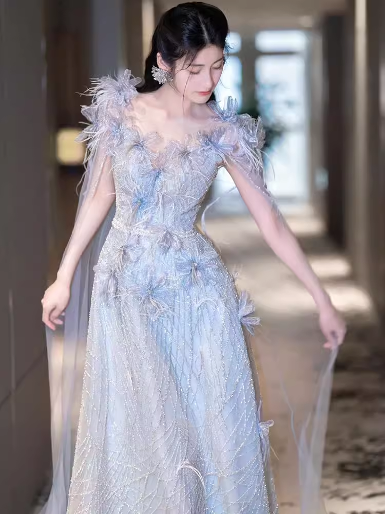 Fairytale A line Straps Sequin Beads Long Evening Dress Prom Dresses With Flowers
