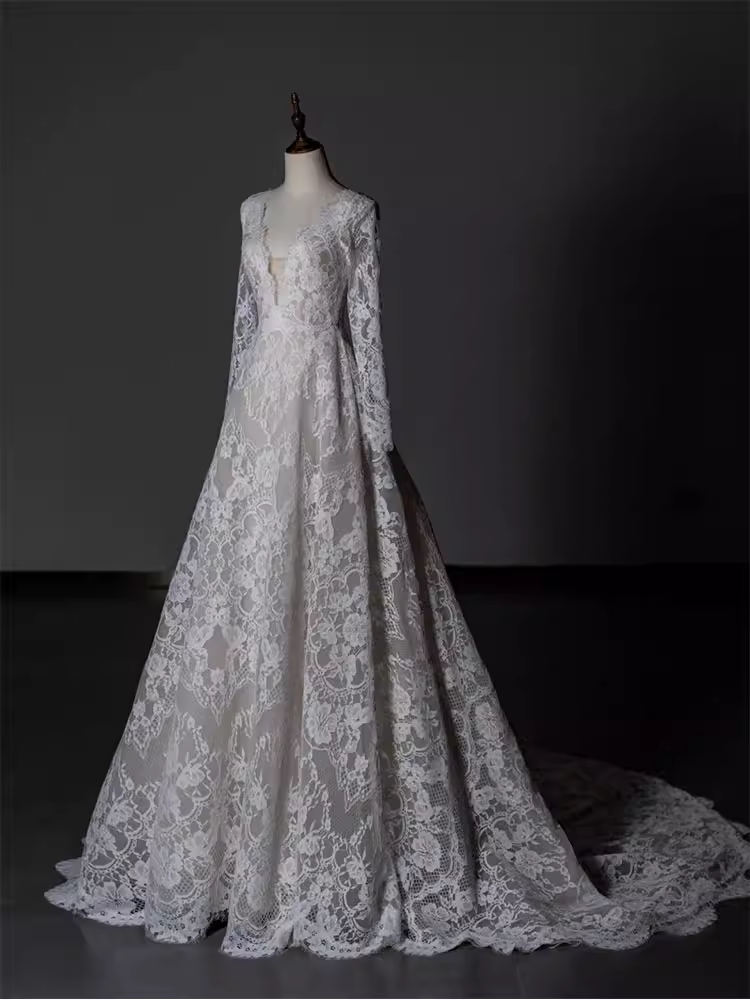 Chic A line V Neckline Lace White Wedding Dress With Long Sleeves