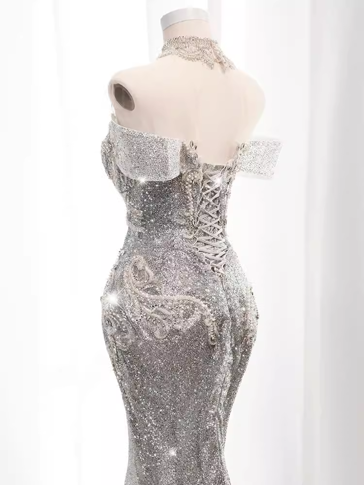 Luxury Mermaid Off The Shoulder Short Sleeves Silver Sequin Wedding Dresses C146