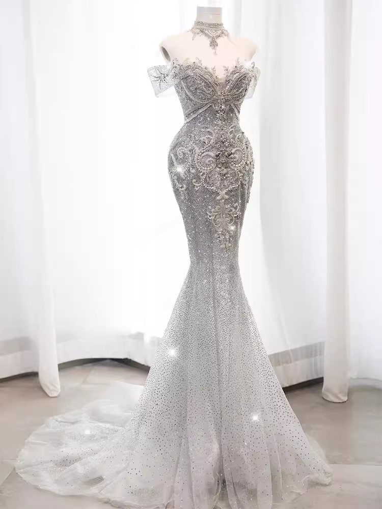 Luxury Mermaid Off The Shoulder Short Sleeves Silver Sequin Wedding Dresses C146