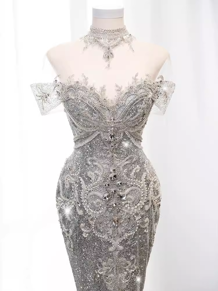 Luxury Mermaid Off The Shoulder Short Sleeves Silver Sequin Wedding Dresses C146