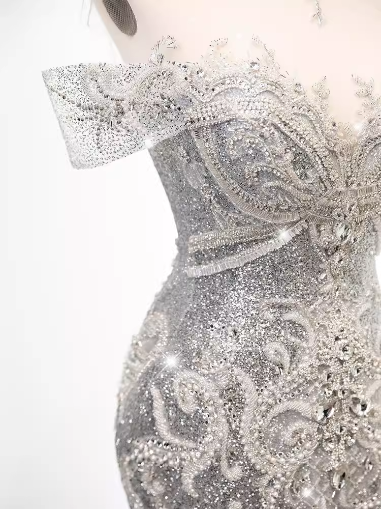 Luxury Mermaid Off The Shoulder Short Sleeves Silver Sequin Wedding Dresses C146