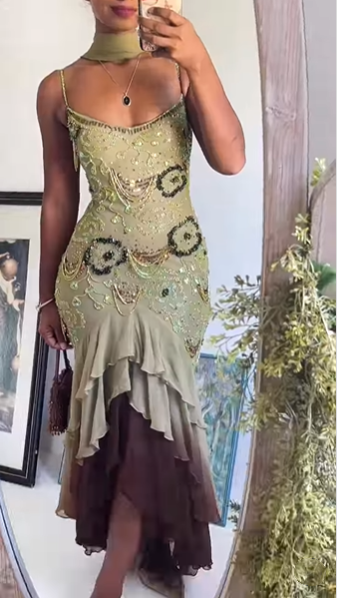 Classy Spaghetti Strap Sage Green Chiffon Beaded Mermaid Evening Dress Long Birthday Party Dress With Scarf