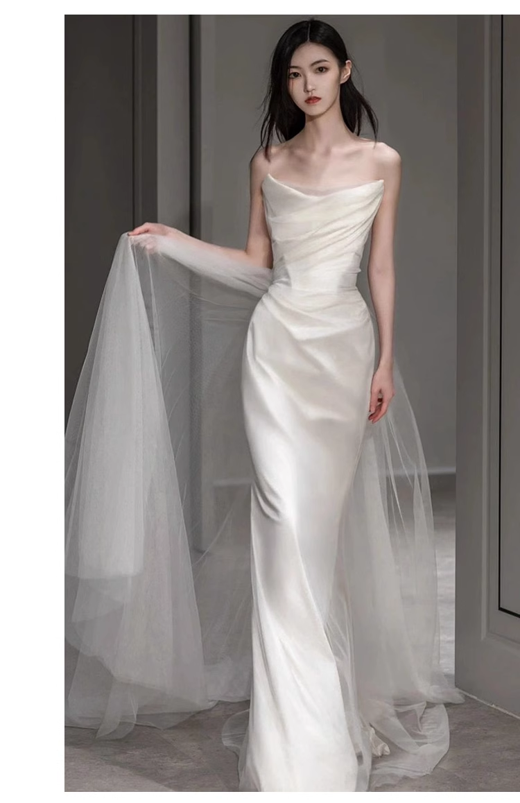 Chic A line Strapless Satin Long Wedding Dresses With Ruffles