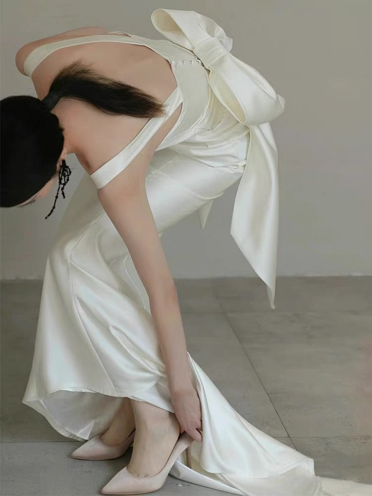 Timeless Sheath Straps Long Satin White Wedding Dresses