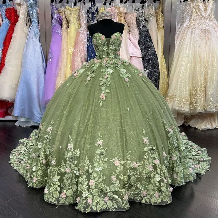 Modest Ball Gown Sweetheart Tulle Long Sage Green Formal Sweet 16 Dress Prom Dresses - FashionDia