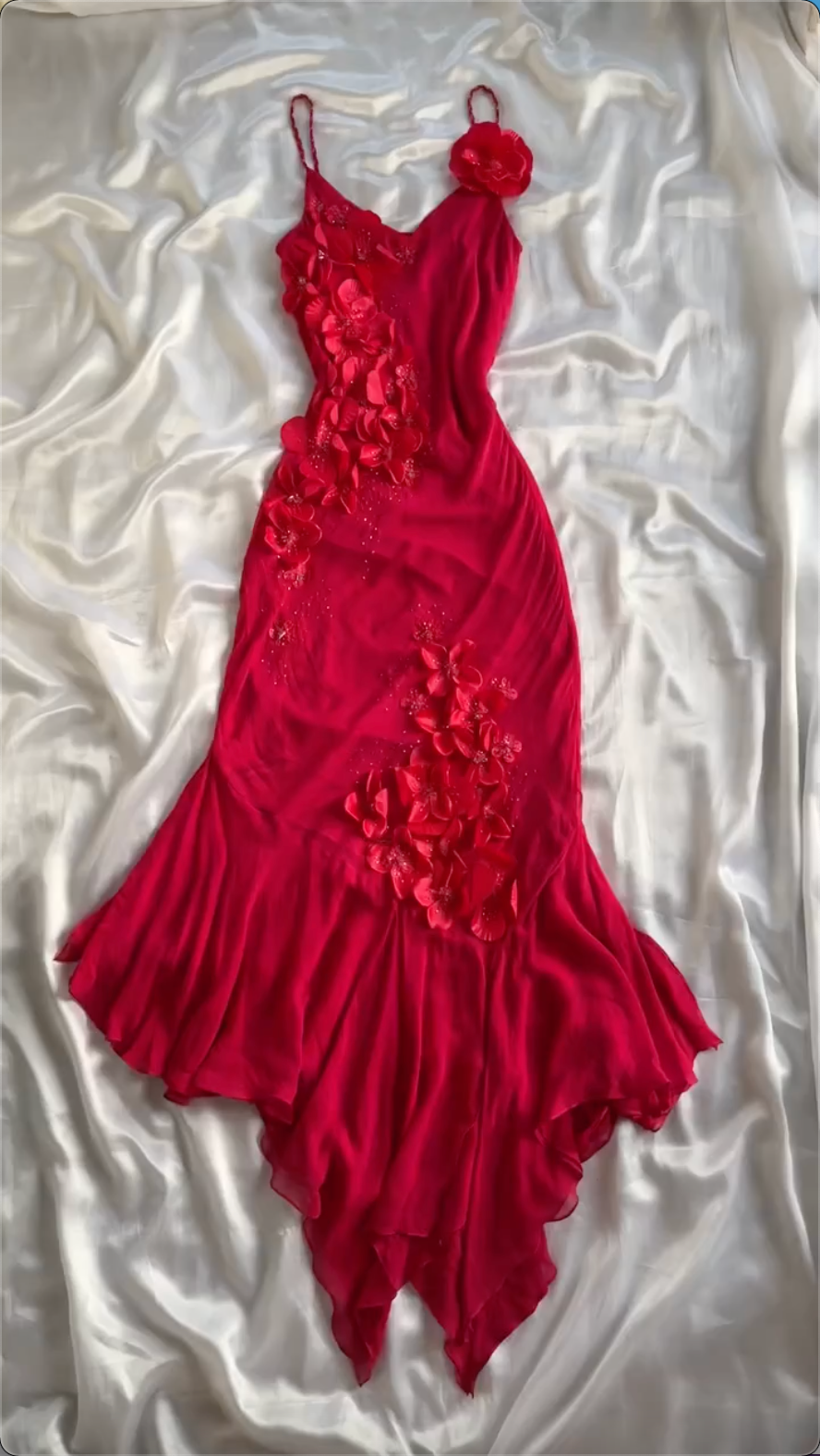 Simple A Line Spaghetti Straps Chiffon Red Prom Dress Formal Dress With Flowers