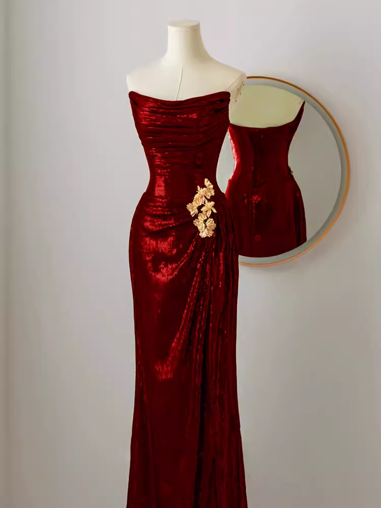 Simple Mermaid Strapless Red Sequin Long Prom Dresses C17