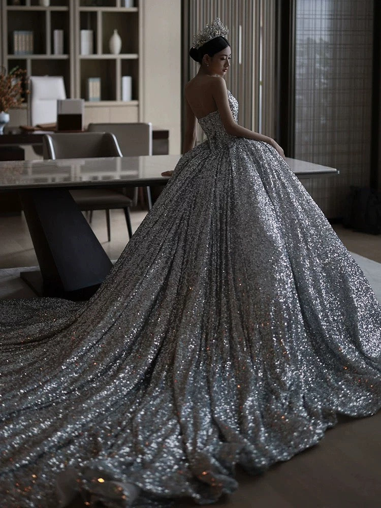 Dreamy Ball Gown Sweetheart Sequin Silver Long Wedding Dresses With Beads