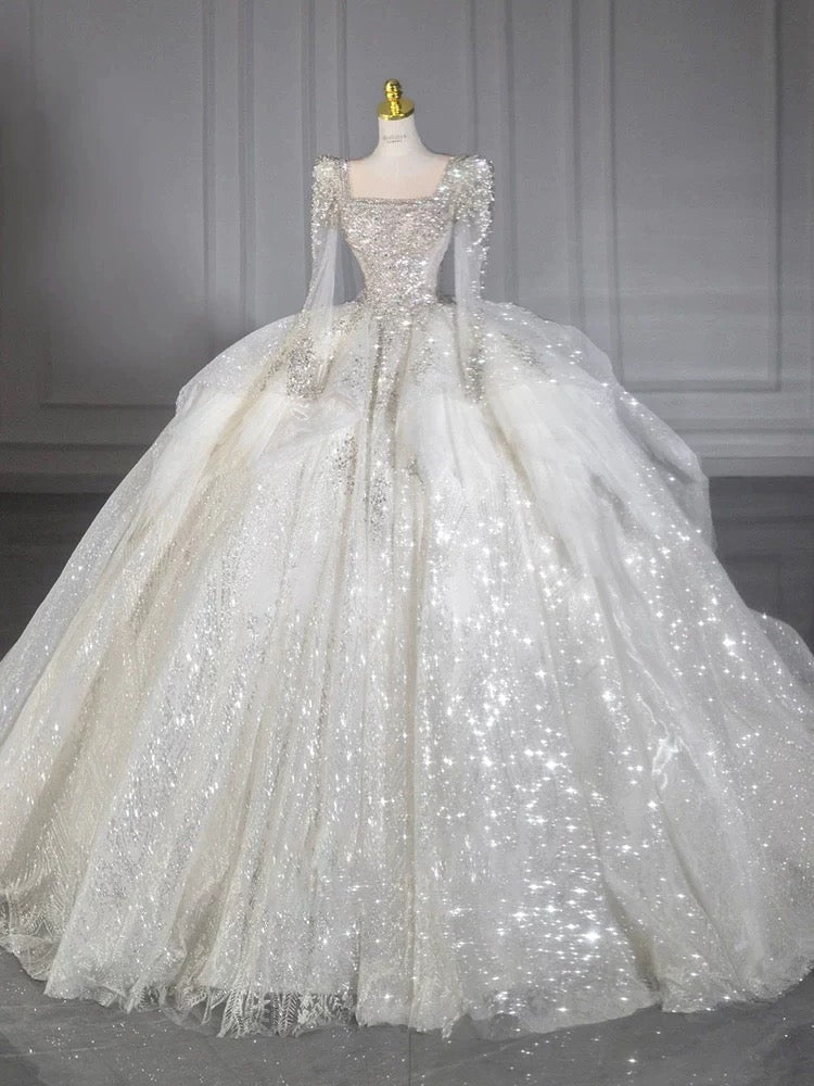 Dreamy Ball Gown Square Neckline Sequin White Long Sleeves Wedding Dresses With Beads