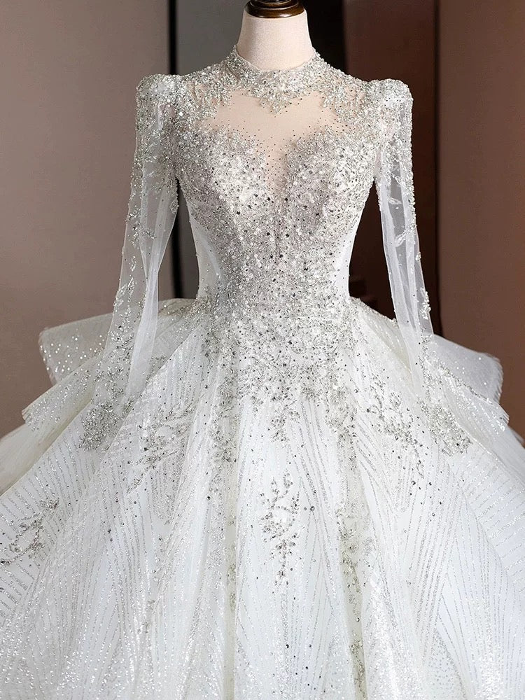 Dreamy Ball Gown High Neckline Sequin White Long Sleeves Wedding Dresses With Beads - View 4 | FashionDia