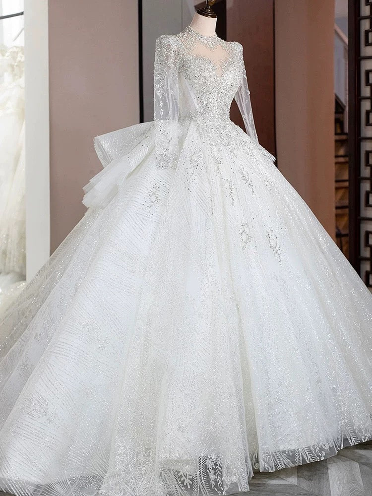 Dreamy Ball Gown High Neckline Sequin White Long Sleeves Wedding Dresses With Beads - View 3 | FashionDia