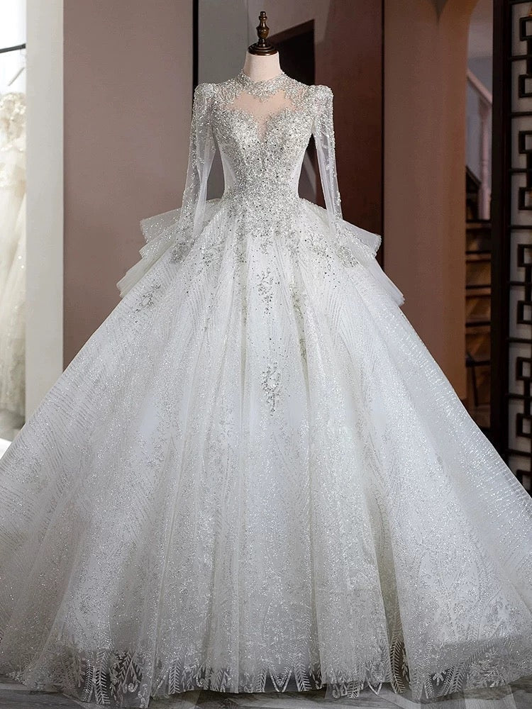 Dreamy Ball Gown High Neckline Sequin White Long Sleeves Wedding Dresses With Beads