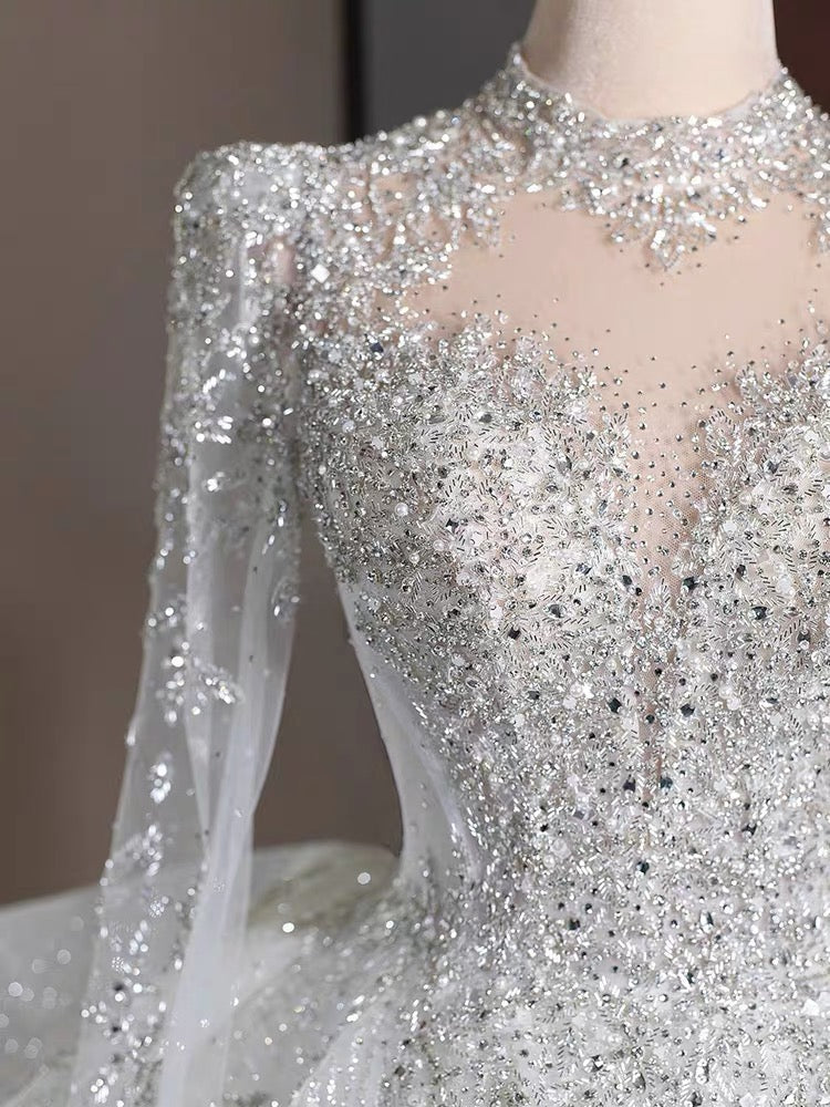 Dreamy Ball Gown High Neckline Sequin White Long Sleeves Wedding Dresses With Beads - View 5 | FashionDia