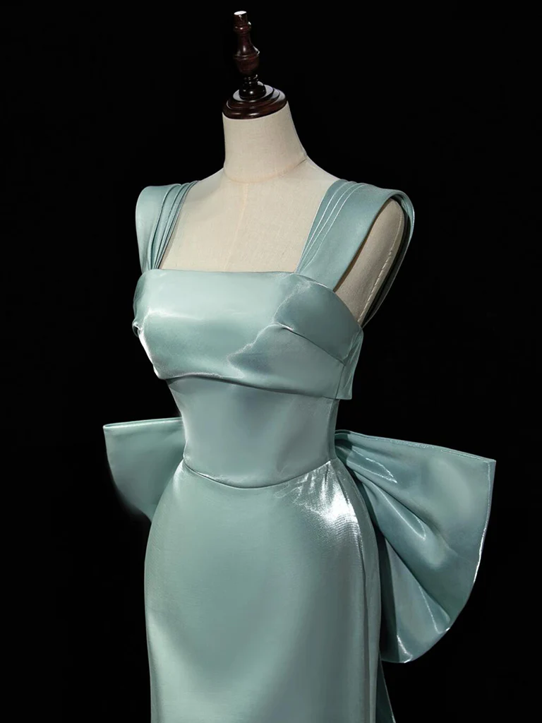 Simple Satin Green Long Prom Dress Green Formal Dress with Bow Tie - View 2 | FashionDia