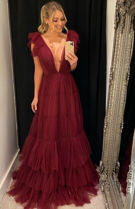 Burgundy Deep V-Neck Tulle A Line Prom Dresses