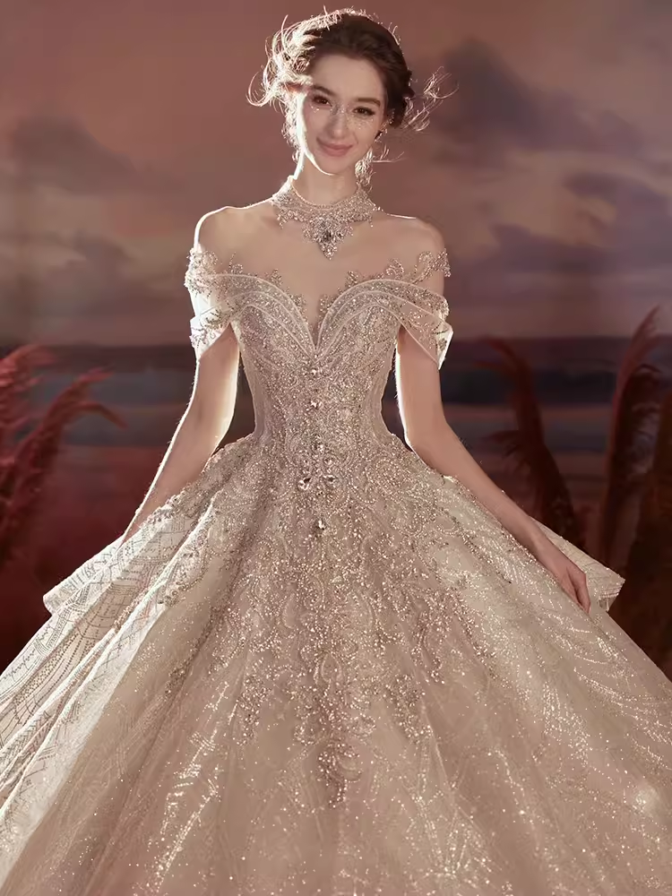 Princess Ball Gown Off The Shoulder Sequin Long Wedding Dresses C201
