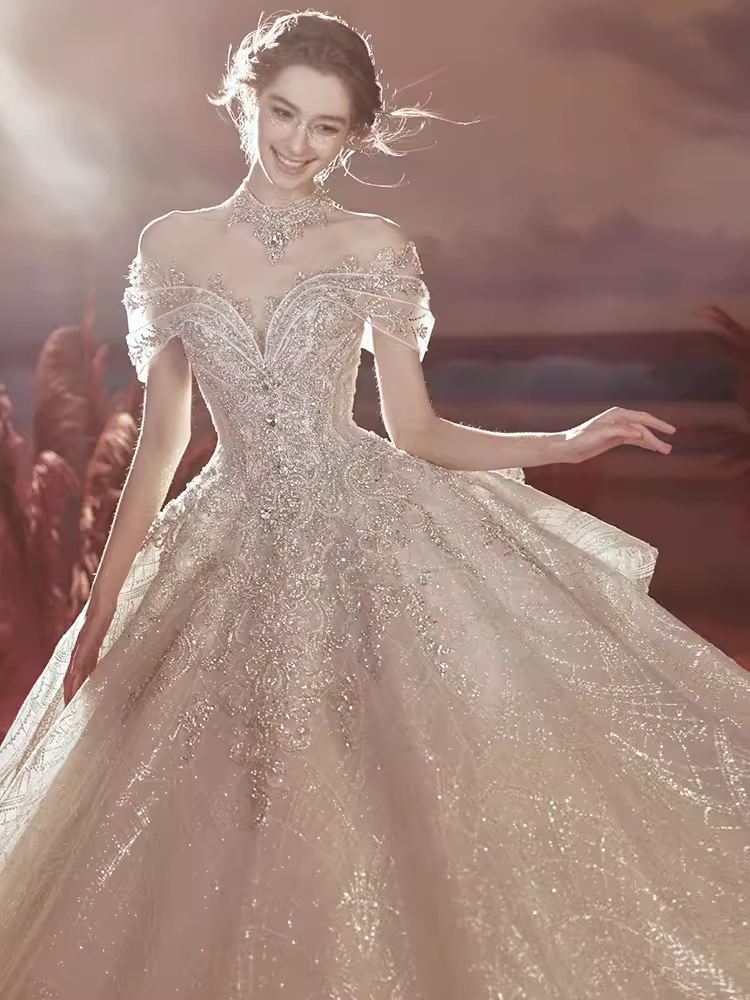 Princess Ball Gown Off The Shoulder Sequin Long Wedding Dresses C201