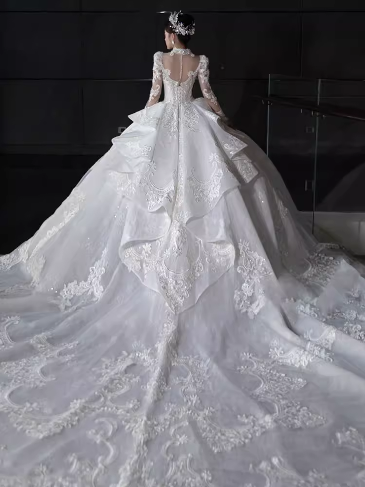 Elegant Ball Gown High neckline Long Sleeves Satin Wedding Dresses C210