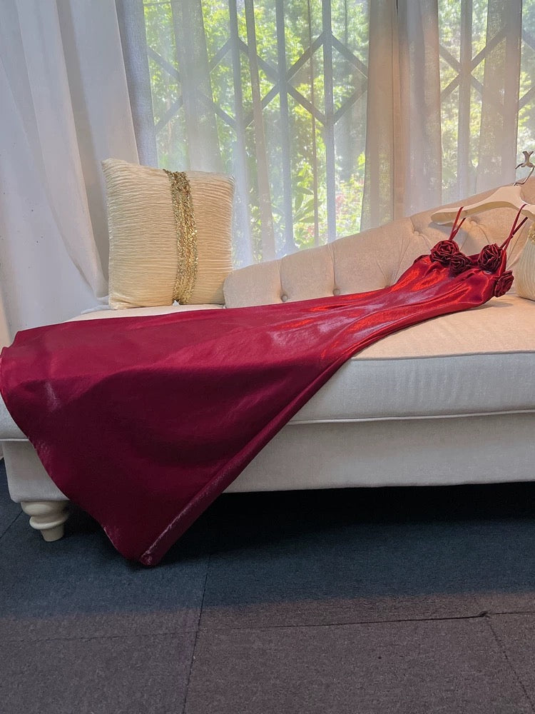 Elegant A-Line Spaghetti Straps Red Slim-Fit Satin Prom Dress Evening Dresses - FashionDia
