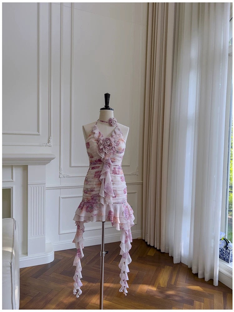 Modest Sheath Halter Floral Chiffon Short Homecoming Dresses Birthday Outfits