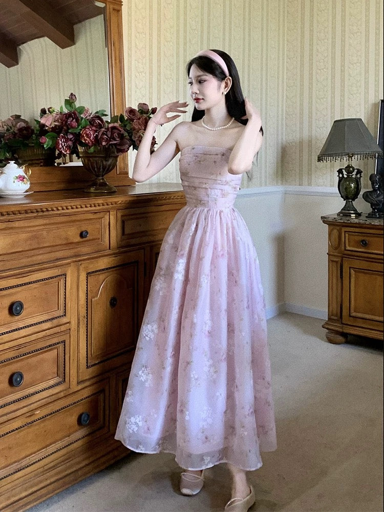 Classy A-Line Strapless Pink Floral Knee Length Prom & Evening Dress - FashionDia