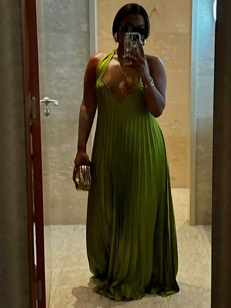 Classy A line Halter Ruffles Floor Length Green Prom Dresses Black Girl Prom Gowns