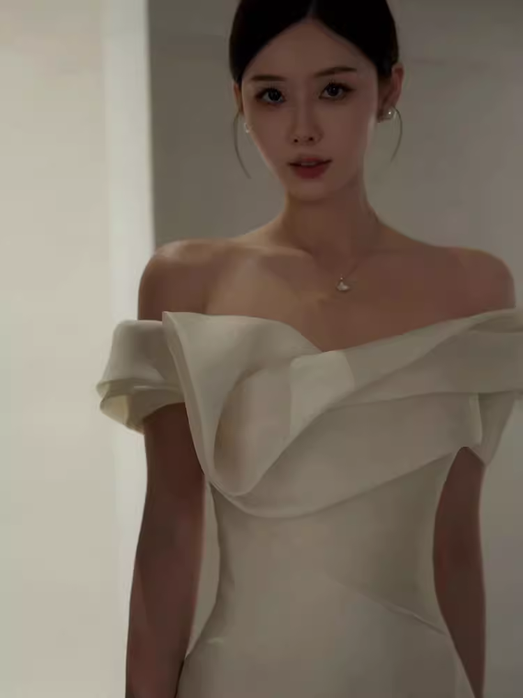 Vintage Mermaid Off The Shoulder White Satin Long Wedding Dresses C25