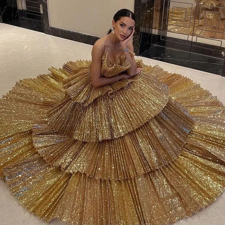 Fancy Ball Gown Strapless Gold Sequin Long Prom & Evening Dress - FashionDia