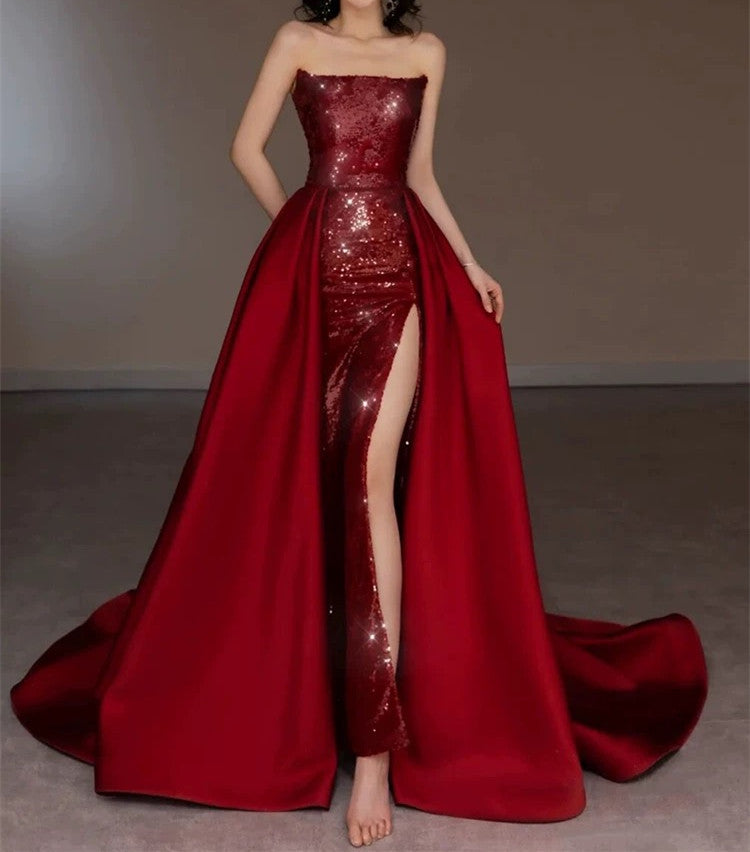 Classy Sheath Strapless Burgundy Sleeveless Long Party Dress Sequin Prom Dresses - View 4 | FashionDia