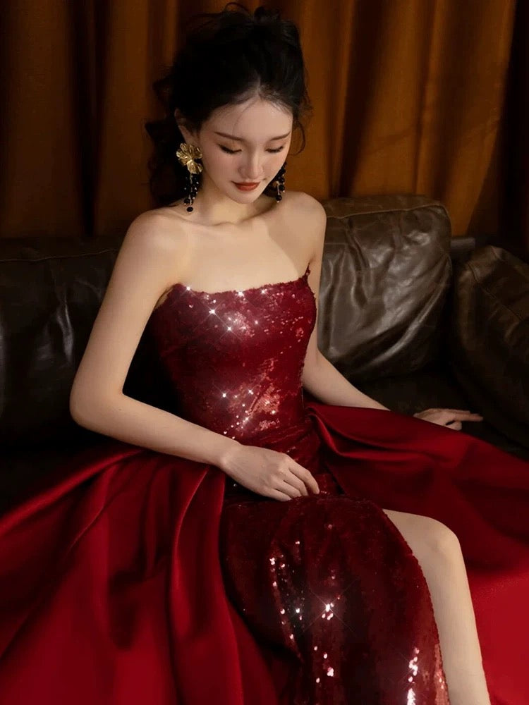 Classy Sheath Strapless Burgundy Sleeveless Long Party Dress Sequin Prom Dresses - View 5 | FashionDia