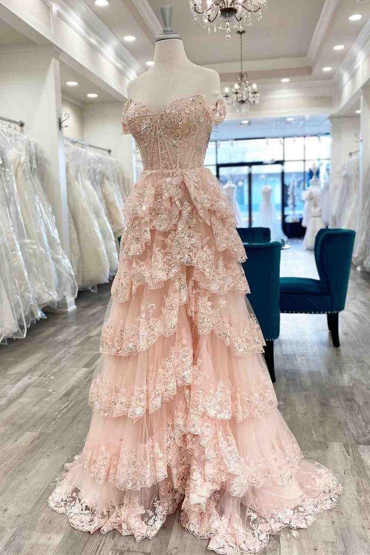 Gorgeous A-Line Off-the-Shoulder Layers Light Pink Lace Slit Prom Dresses Formal Evening Dress - FashionDia