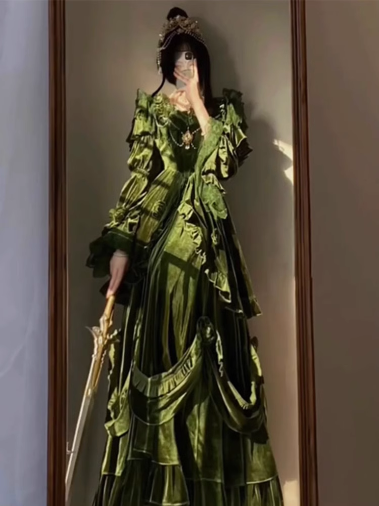Chic Ball Gown Strapless Long Sleeves Floral Ruffles Green Prom Dresses Birthday Outfits