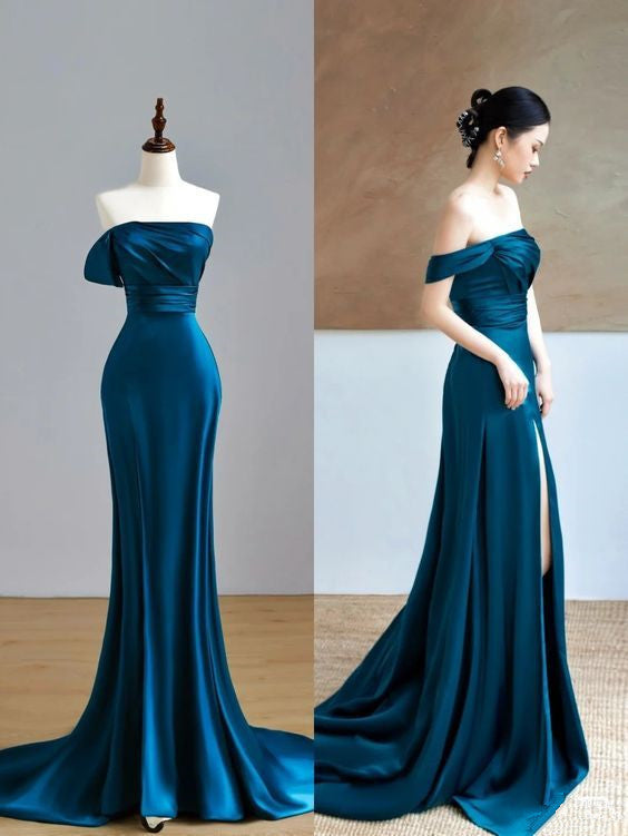 Pretty Mermaid Off The Shoulder Slit Satin Prom Dresses With Ruffle Long Evening Dress