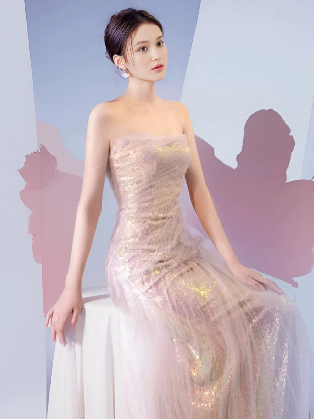 Pretty Mermaid Sweetheart Pink Sequin Prom Dresses With Ruffle Long Evening Dress