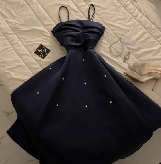 Modest A-Line Spaghetti Straps Sleeveless Black Satin Ruffles Long Prom & Evening Dress - FashionDia