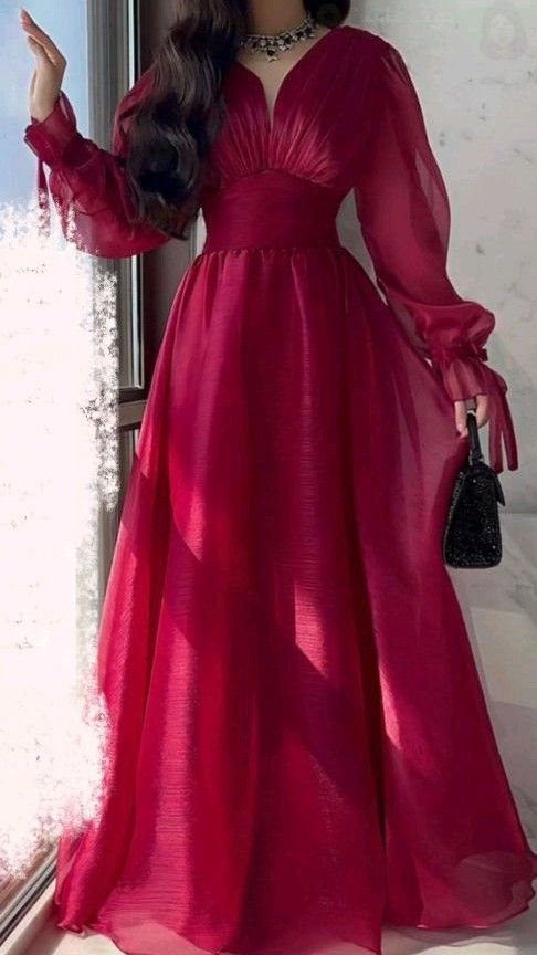 Modest A-Line V Neckline Long Sleeves Hot Pink Tulle Long Prom & Evening Dress - View 2 | FashionDia