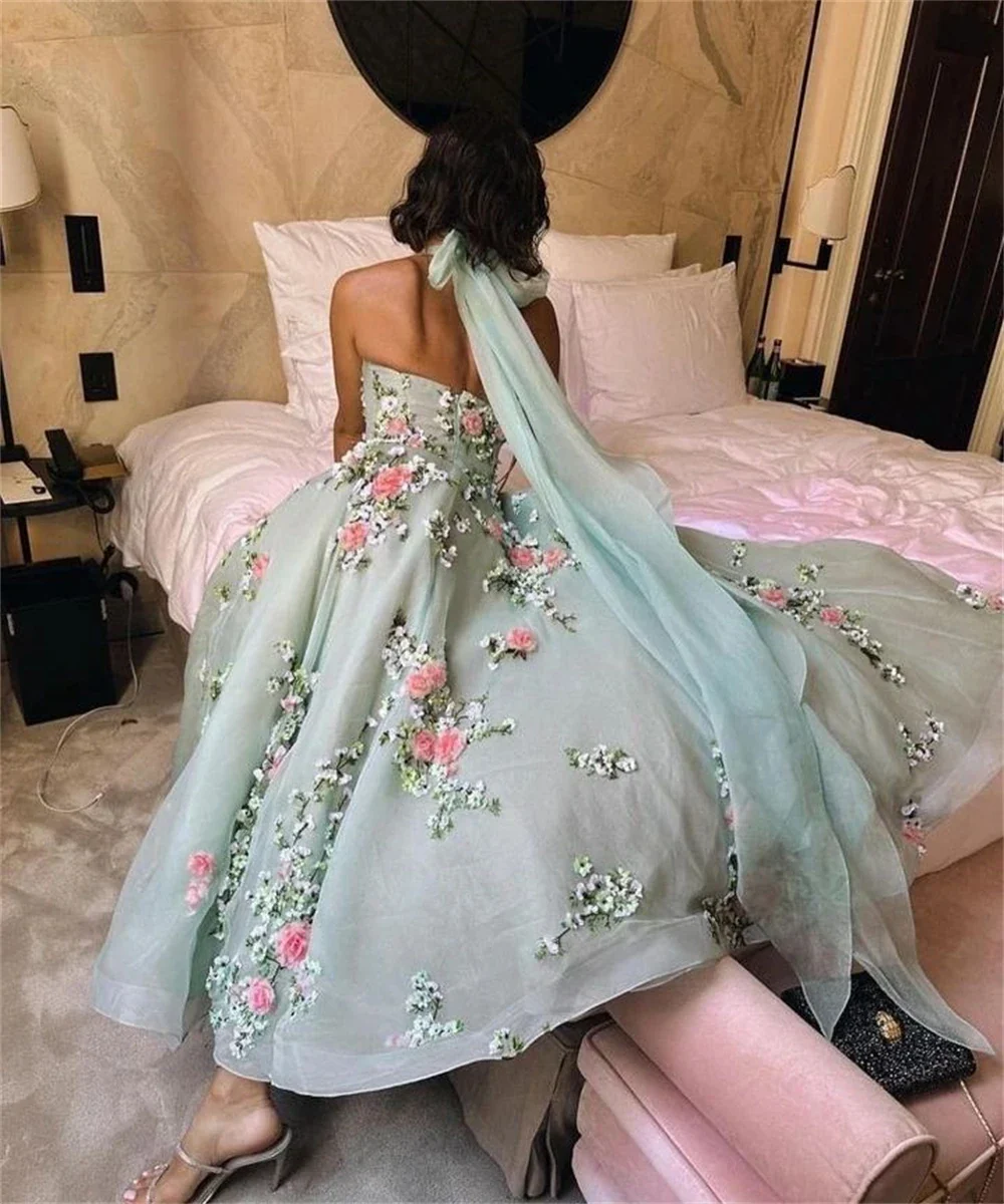 Classy Ball Gown Halter Light Blue Tulle Lace Prom & Evening Dress - FashionDia