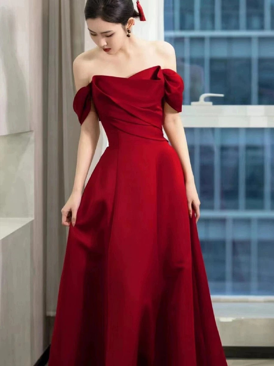 Elegant A-Line Off-the-Shoulder Red Satin Party Dress Prom & Evening Dress - View 3 | FashionDia
