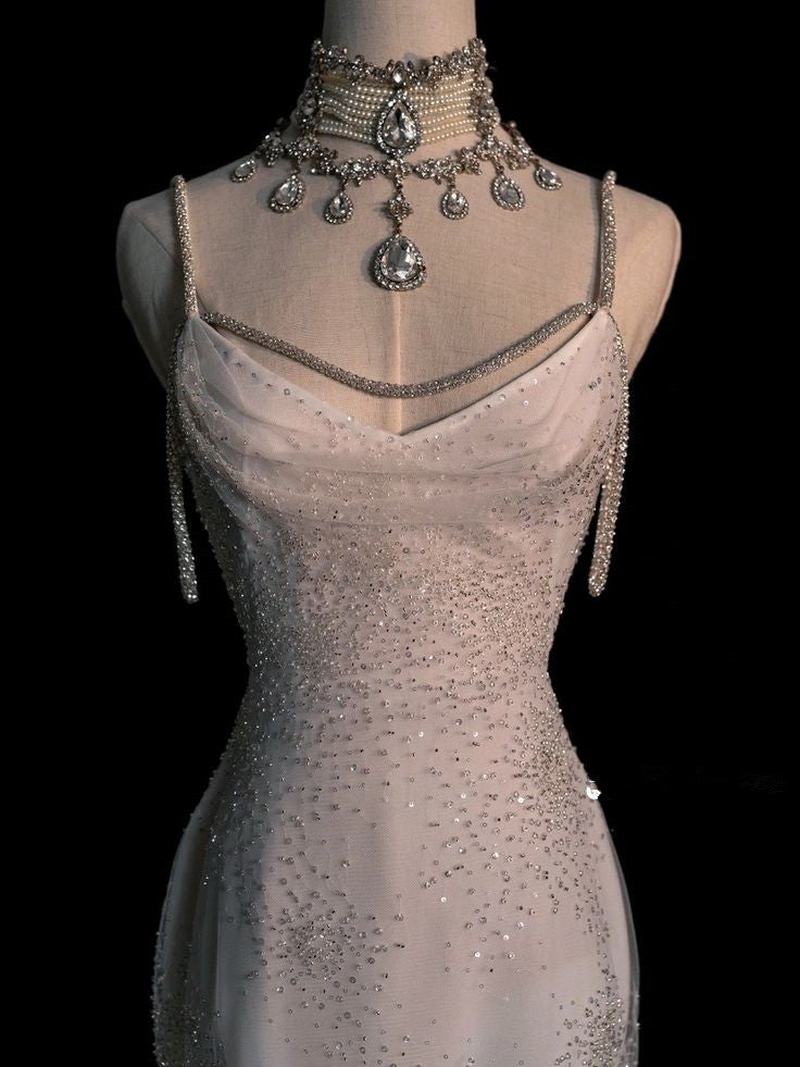 Elegant Mermaid Spaghetti Straps Sequin Long Wedding Dresses