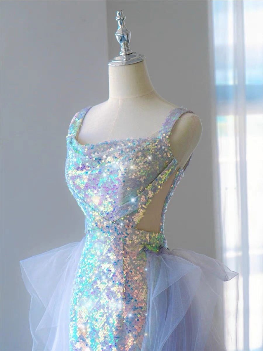 Elegant Mermaid Square Neckline Blue Sequin Long Prom Dress Evening Dresses