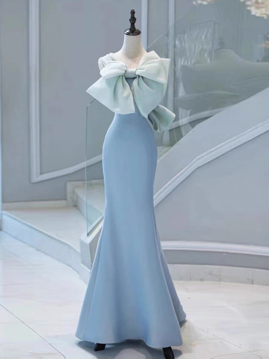 Elegant Mermaid Satin Blue Long Prom Dresses With Bow-knot Party Dress