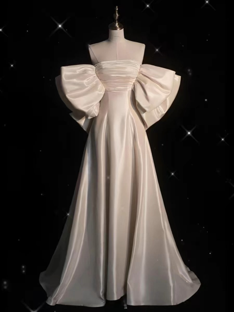 Chic A line Off The Shoulder Half Sleeves Satin Wedding Dresses With Ruffles