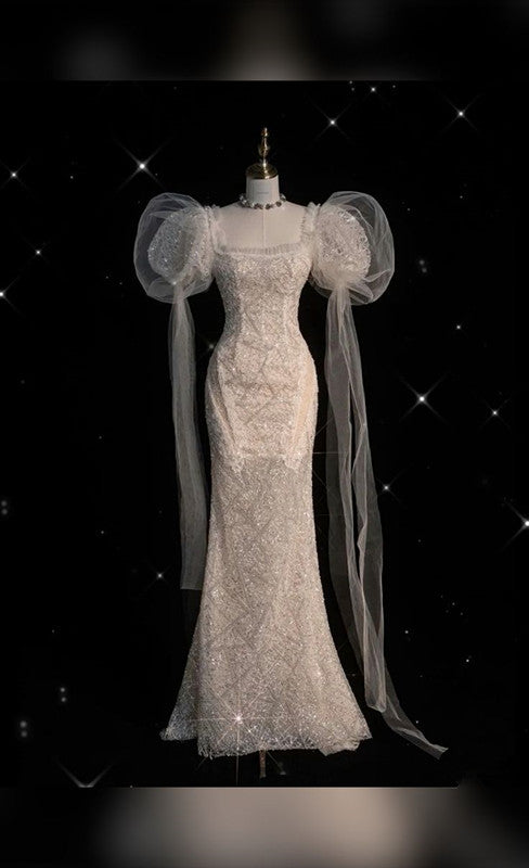 Chic Mermaid Square Neckline Half Sleeves Sequin Wedding Dresses With Tulle